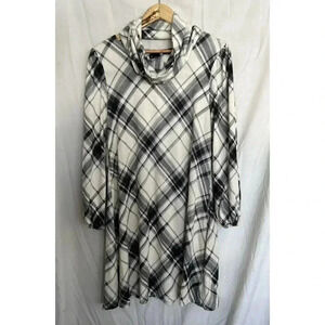Chetta B Plaid Trapeze Dress Black & Cream Long Sleeves Removable Cowl Size Med